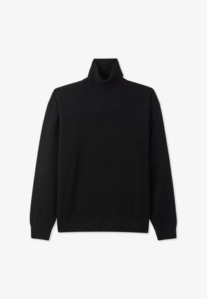 Maglione a collo alto nero realizzato in un tessuto lavorato a maglia liscio. Presenta un colletto e un orlo a coste, maniche lunghe e una vestibilità rilassata.