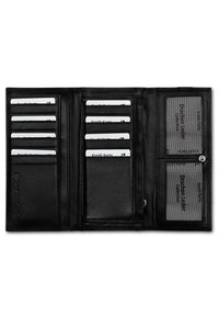 Black leather wallet with multiple card slots and a clear ID holder. Features a smooth texture and snap closure, with embossed branding.