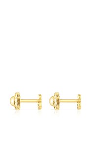 Pendientes de oro con un diseño redondeado. Superficie lisa con un acabado pulido y cierre de presión estándar. Estética simple y moderna.