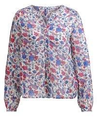 Blommig blus med vit bakgrund och rosa samt blå mönster, långa ärmar, en utskuren halsringning och knappstängning framtill.