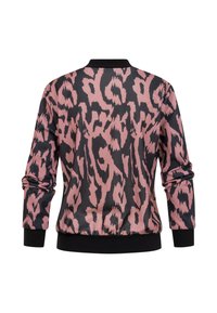 Jas met lange mouwen met zwart en stoffig roze abstract dierenprint, zwarte geribde boorden, kraag en tailleband, gezien van achteren.