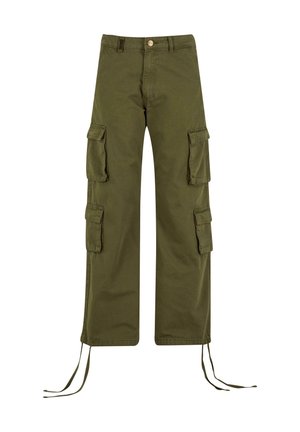 Cargo shorts in olijfgroen katoen. Voorzien van zes zakken, verstelbare trekkoorden aan de onderkant en een enkele knoopsluiting.