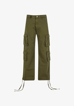 Pantaloni cargo in cotone verde oliva. Presentano sei tasche, coulisse regolabili all'orlo e una chiusura con un solo bottone.