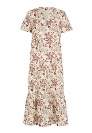Kremfarvet midi kjole med V-hals, korte ærmer og rustfarvet blomster- og bladmønster, med flæsekant.