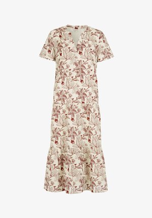 Kremfarvet midi kjole med V-hals, korte ærmer og rustfarvet blomster- og bladmønster, med flæsekant.