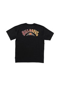 Black cotton t-shirt featuring a colorful graphic print on the back with the text "BILLABONG" and a stylized design element.