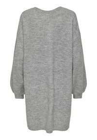 Pull gris surdimensionné, tissu tricoté, col en V, manches bouffantes longues, poignets côtelés, texture lisse, vue de dos avec un minimum de détails.