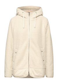 Chaqueta de forro polar color crema con una superficie texturizada, cierre de cremallera, capucha ajustable y dos bolsillos laterales. Acentos de tejido suave en el dobladillo.
