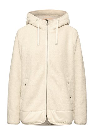 Chaqueta de forro polar color crema con una superficie texturizada, cierre de cremallera, capucha ajustable y dos bolsillos laterales. Acentos de tejido suave en el dobladillo.