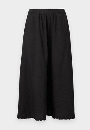 Pantaloni neri a gamba larga con vita elastica e orlo sfrangiato, mostrati su uno sfondo chiaro e semplice.