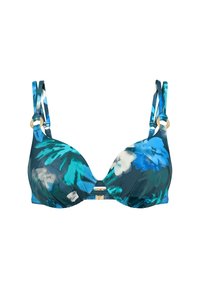 Kwiatowy stanik bikini z wyściełanymi miseczkami, z niebieskimi i zielonymi tropikalnymi wzorami, regulowanymi ramiączkami oraz akcentami w kolorze złota.