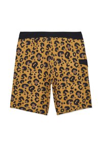 Short en imprimé léopard avec taille élastique noire et poche latérale sur la jambe droite, disposition à plat sur fond blanc.