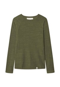 Langärmliges Hemd in Olivgrün, aus weichem, strukturierten Stoff, mit Rundhalsausschnitt und einem kleinen Markenschild an der Seite.