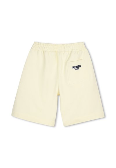 Lichtgele katoenen korte broek met een elastische tailleband, voorzien van een achterzak met het "KENZO Paris" logo. Gladde textuur, knielange snit.