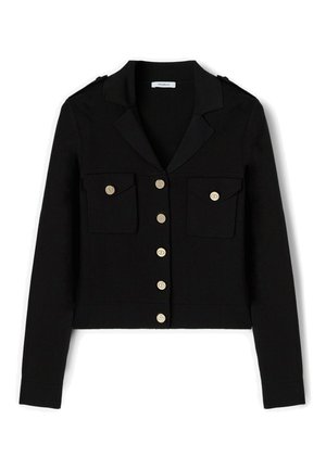 Schwarze langärmelige, gekürzte Jacke mit Reverskragen, sechs goldenen Knöpfen vorn und zwei mit Knöpfen verschlossenen Brusttaschen.