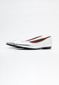 Stříbrné ploché boty s špičatou špičkou, s texturovaným povrchem připomínajícím hadí kůži. Nízký černý podpatek pro stabilitu a pohodlí.