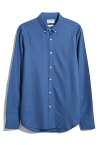 Camicia azzurra a maniche lunghe realizzata in tessuto morbido, con colletto button-down, bottoni frontali e un logo ricamato discreto.