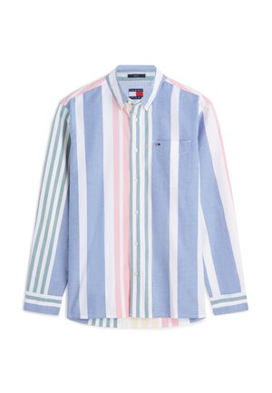 Overhemd met lange mouwen en knopen, met verticale strepen in blauw, wit, roze en groen, voorzien van een kraag en een borstzak met een klein logo.