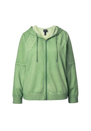 Lichtgroene hoodie met rits, voorzakken, capuchon met trekkoord en geribbelde boorden en zoom.