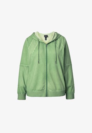 Jasnozielona bluza z kapturem na suwak, z przednimi kieszeniami, kapturem ze sznurkiem oraz ściągaczami na mankietach i dole.