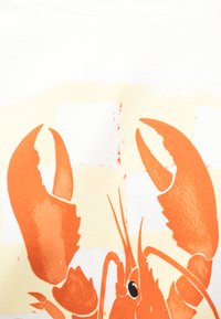 Φωτεινές πορτοκαλί δαγκάνες και κεραίες αστακού σε φόντο με λευκό και ανοιχτό μπεζ καρό.