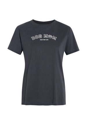 Dark gray short-sleeve t-shirt made of cotton, featuring white embroidered text "DOG MOM" and a paw print design, with a relaxed fit.