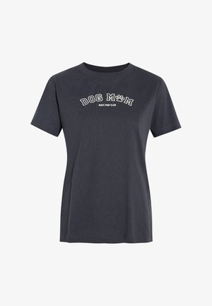 Dark gray short-sleeve t-shirt made of cotton, featuring white embroidered text "DOG MOM" and a paw print design, with a relaxed fit.