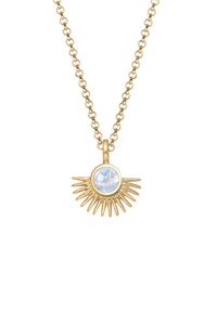 Collana color oro con un ciondolo di pietra di luna circolare, circondato da accenti simili ai raggi del sole. La catena è composta da anelli ovali intercollegati.
