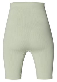 Lichtgroene ribbelige hoge taille shorts met een gladde textuur, van gemiddelde dijlengte en een aansluitend ontwerp. Geen zichtbare hardware of patronen.