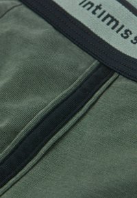 Gröna bomullunderkläder med en mjuk textur, med en kontrasterande mörk midjeband märkt "intimiss". Inkluderar en vertikal sömdetalj.