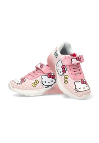 Zapatillas rosas con un patrón de lunares, que presentan ilustraciones de Hello Kitty, cierre de velcro y suelas blancas. Material sintético suave.