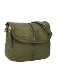 Olive green leather crossbody bag with a zip closure, curved design, and decorative stitching. Features a single adjustable strap.