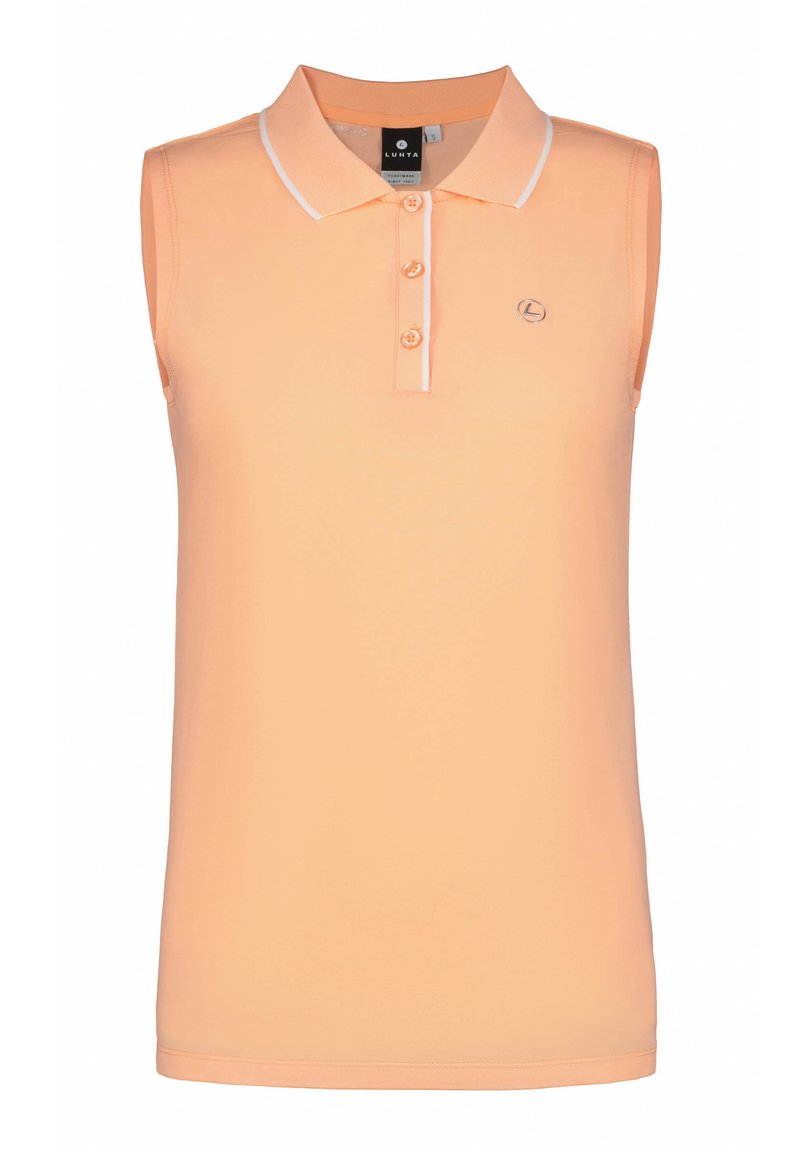 Polo sans manches pêche avec un col, patte de boutonnage à trois boutons et bordures blanches contrastantes. Présente un petit logo sur la poitrine.