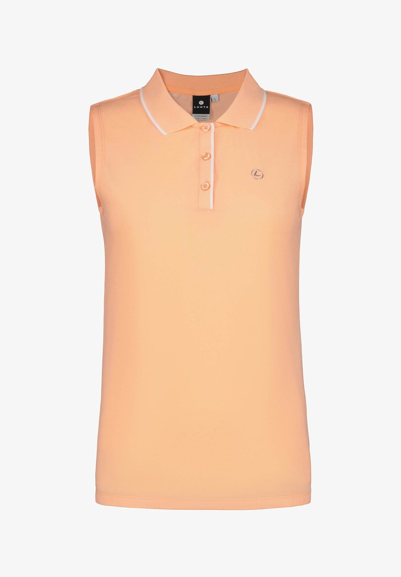 Camisa polo sin mangas color durazno con cuello, tapeta de tres botones y detalles en blanco en contraste. Presenta un pequeño logo en el pecho.