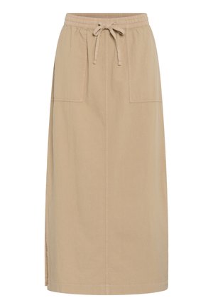 Vaalean beige puuvillainen hame, jossa on nyörikiinnitys vyötäröllä, kaksi sivutaskua, suora leikkaus ja sivuhalkiot liikkumisen helpottamiseksi. Tasainen pinta.