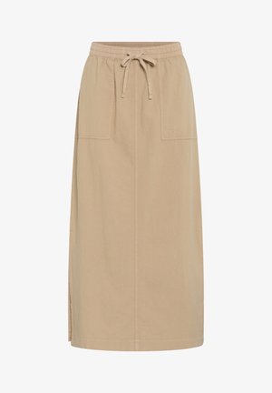 Beige katoenen rok met een touwsluiting in de taille, twee zijzakken, rechte pasvorm en zijsplitten voor optimale bewegingsvrijheid. Soepele textuur.