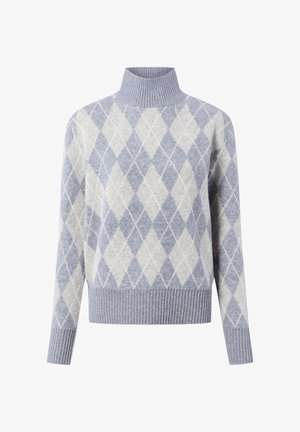 Blau- und grau-argyle-musterter Pullover mit hohem Rippkragen und Rippabschluss, aus weichem Strickstoff gefertigt. Lange Ärmel.