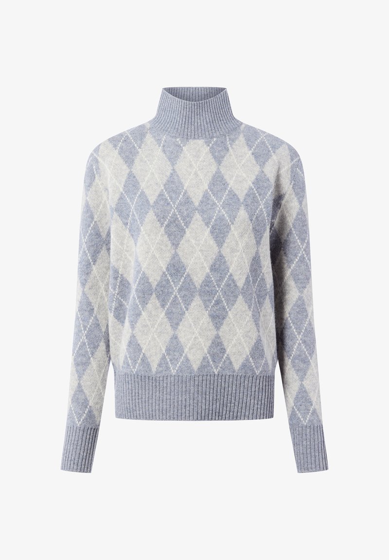 Niebieski i szary sweter w wzór argyle, z wysokim żebrowanym dekoltem i żebrowanym dolnym wykończeniem, wykonany z miękkiej dzianiny. Długie rękawy.