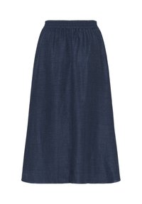 Fustă bleumarin, până la genunchi, confecționată dintr-un material texturat. Prezintă un tiv elastic pentru confort și o siluetă simplă, dreaptă.