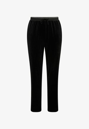 Schwarze Velourhosen mit einer lockeren Passform, elastischem Bund und glatter Textur. Einfaches Design mit geraden Beinen und ohne Taschen.