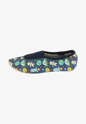 Marine slip-on schoen met een bovendeel van textiel, versierd met kleurrijke ruimte-thema patronen, waaronder astronauten, raketten en planeten. Zachte zool.