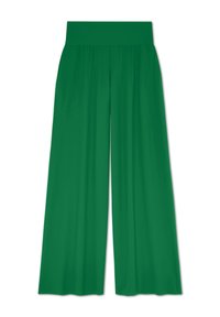 Zelene široke hlače s mekanim pojasom. Izrađene od laganog materijala, s glatkom teksturom i lepršavim siluetom.