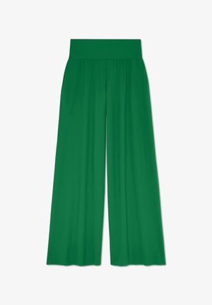 Vihreät leveälahkeiset housut pehmeällä vyötäröllä. Valmistettu kevyestä materiaalista, jossa on sileä rakenne ja virtaava siluetti.