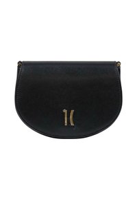 Sac en cuir noir de forme arrondie, avec un accent doré comportant les chiffres "1" et "1". Texture lisse, design minimaliste.