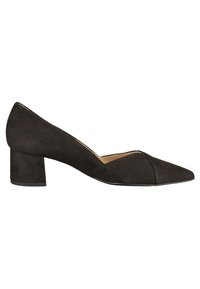Escarpin en daim noir avec une pointe effilée et un talon bloc. Présente une texture lisse et un design minimaliste avec une tige basse pour un look contemporain.