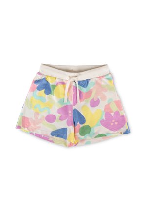 Children's shorts with white waistband and drawstring, featuring colorful abstract floral patterns in pink, yellow, blue, green, and purple.