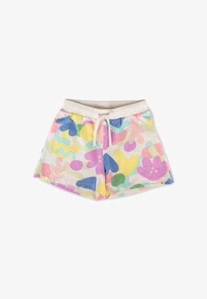 Kindershorts mit weißem Bund und Kordelzug, mit bunten abstrakten Blumenmustern in Pink, Gelb, Blau, Grün und Lila.