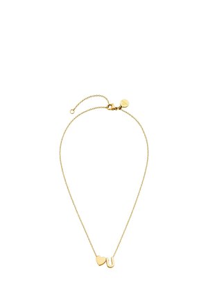 Delicate gold chain necklace with a heart and letter U charm, lobster clasp, and small round tag near the clasp.