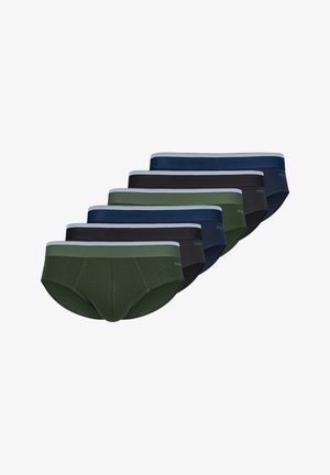 Zestaw pięciu męskich slipów w różnych kolorach: ciemnozielonym, granatowym, czarnym oraz jasnoniebieskich akcentach. Miękka tkanina z elastycznymi paskami w talii.