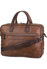 Borsa da lavoro in pelle marrone con due manici superiori, una tracolla rimovibile, tasca frontale con cerniera e superficie liscia.